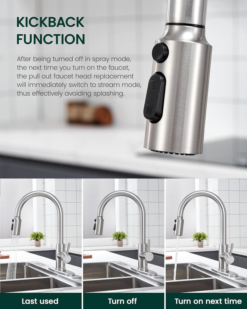 HEISOK Kitchen Faucet Spray Head Replacement, Pull Down Faucet Head Replacement with 15 Adapters, 3 Function Spray Nozzle for Kitchen Faucet, Replacement Pull Out Faucet Head, Brushed Nickel - Image 4